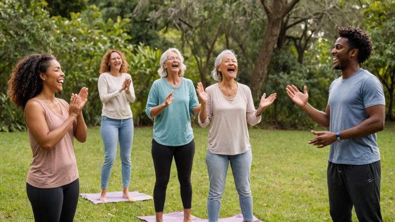 laughter yoga, wellness retreats, benefits of laughter yoga, mental health, physical health, community building, mindfulness, stress relief, joy, yoga breathing